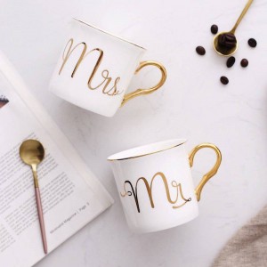 Lekoch Bone Ceramic Mug Cup Grey Pink Colors Mr and Mrs Travel Mug white Pattern Gold handle Tea Milk Cups and Mugs Gifts