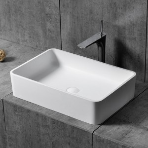 Matte/Glossy White Rectangular Stone Resin Modern Bathroom Vessel Sink with Pop-Up Drain
