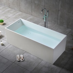 Matte/Glossy White Stone Resin Rectangle Freestanding Soaking Bathtub with Linear Overflow & Drain