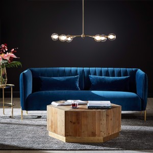 Mid Century Modern 75" Blue Velvet Upholstered 3 Seater Sofa in Gold