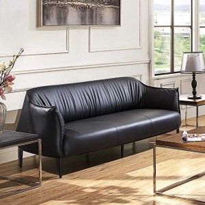 Mid-Century Modern Black / Tan Upholstered Faux Leather Sofa Wood Frame Curved Back Sofa in Small / Large