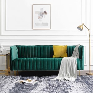 Mid Century Modern Green/Blue Velvet Upholstered 3 Seater Sofa in Gold