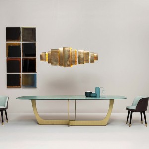 Minimalist Modern Rectangular Green Faux Marble Accent Dining Table with Brushed Gold Metal Pedestal in Small / Medium / Large