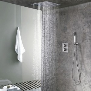 Modern 16" Rain Thermostatic Shower Faucet Brushed Nickel Flush Mount Shower System with Hand Shower