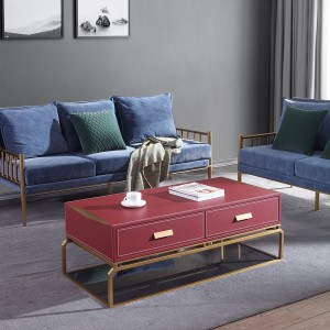 Modern 49" Rectangular PU Leather Coffee Table with Storage Drawer & Glass Shelf Metal Frame in Brushed Gold