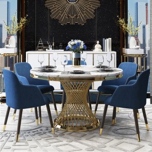 Modern 51" Round Pedestal Dining Table Faux Marble Tabletop & Golden Stainless Steel Frame Chairs Not Included