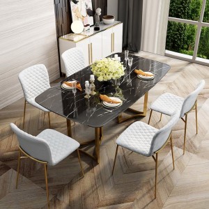 Modern 63" Rectangular Dining Table Faux Marble Top & Golden Base Black Marble Dining Table