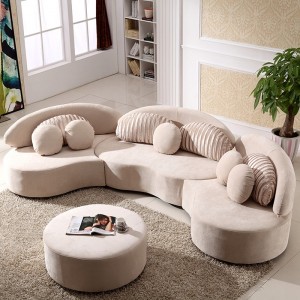 Modern 7-Seat Modular Sofa Round Sectional Sofa Beige Velvet Upholstered Modular Sofa with Ottoman & Pillows