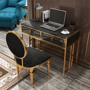 Modern Black/White Office Writing Desk Stylish Rectangle Computer Desk with Drawers Glass Top Gold Metal