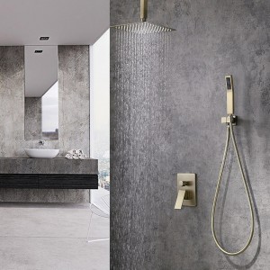 Modern Ceiling Mounted 8" / 10" / 12" Ultrathin Square Rain Showerhead Shower System Pressure Balance Valve and Trim Brushed Gold cUPC