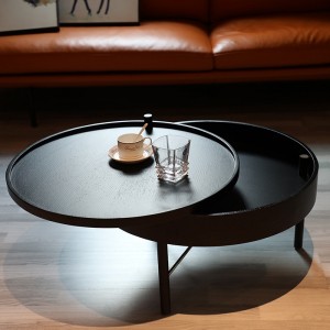 Modern Chic Round Wood Storage Coffee Table Black / Natural Rotating Accent Table