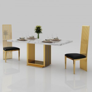 Modern Elegant 63" Rectangular Faux Marble Accent Dining Table Stainless Steel Base in Gold