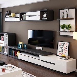 Modern Extendable TV Stand Entertainment Cabinet with Storage White&Walnut / White&Black TV Stand with Bookshelf & Drawer