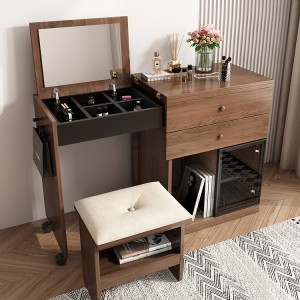 Modern Fold Out Desk Foldable Dresser Multifunctional Pullout Vanity Table with Drop Leaf Mirror & Vanity Stool in Brown