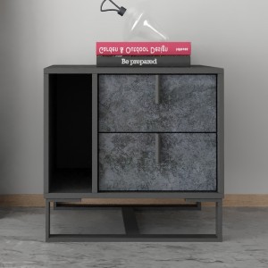 Modern Gray Night Stand 2-Drawer Nightstand Bedside Cabinet with Open Storage Metal Base