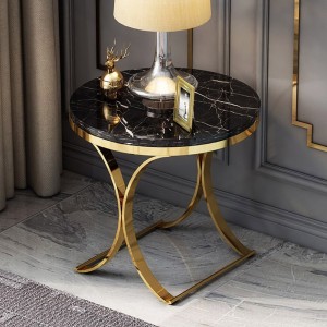 Modern Luxurious Round Black / White Faux Marble Side Table X-Base End Table in Gold
