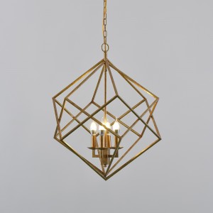 Modern Mid-Century Square Geometric Candle Chandelier 4-Light Antique Gold