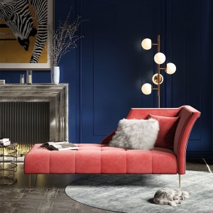 Modern Mid-Century Tufted Velvet Upholstered Chaise Lounge in Red / Khaki Gold Legs
