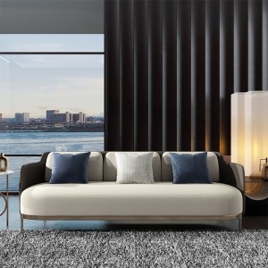 Modern Mid-Century Upholstered Sofa White & Gray Linen Brushed Rose Gold Frame Microfiber Leather Sofa Pillows Included