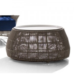 Modern Outdoor Coffee Table Patio Woven Round Coffee Table with Tempered-Glass Top