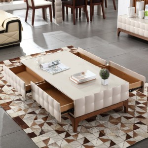 Modern Rectangular 55" Wood Coffee Table with Storage 4 Drawers Glass Top Coffee Table in Beige&Walnut