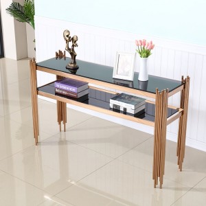 Modern Rectangular Rose Gold Console Table Black Glass Sofa Table with Storage Stainless Steel Frame