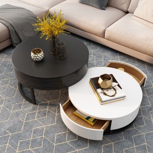 Modern Round Coffee Table with Storage Lift-Top Wood Coffee Table with Rotatable Drawers in White&Natural/White & Black/Marble&White