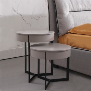 Modern Round Nightstand Gray and Black Nesting Side Tables with Drawer Set of 2