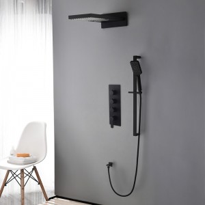 Modern Style Matte Black Wall Mounted Rain & Waterfall Shower System with Slide Bar Hand Shower Solid Brass