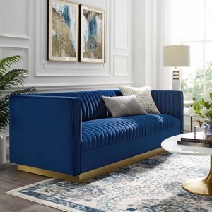 Modern Style Velvet Upholstered Foam Filler 3-Seat Sofa with Solid Wood Frame & Stainless Steel Base in Blue