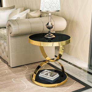 Modern Stylish 20" Black Glass Side Table Round Gold Metal Side Table with Circular Overlap