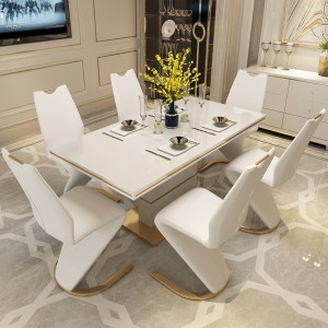 Modern Stylish 63" White Glass Dining Table Rectangular Gold Metal Large Dining Table