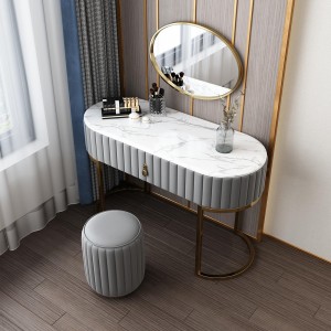 Modern Stylish Faux Marble Tabletop Makeup Vanity Set with Drawers Mirror & Leather Stool Included