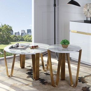 Modern Stylish White / Black Faux Marble Coffee Table Round Marble Coffee Table Gold Base 2-Piece Accent Table
