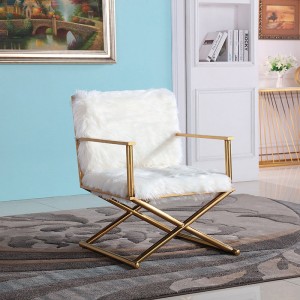 Modern Stylish White Faux Fur Upholstered Armchair Gold Accent Chair Stainless Steel Frame