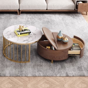 Modern White & Walnut / White Round Coffee Table with Storage Wood Rotating Marble Nesting Coffee Table in Gold Set of 2