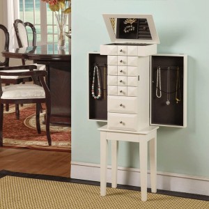 Modern White Jewelry Armoire & Jewelry Organizer with Mirror Free Standing Solid Wood