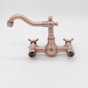  Antique Red Copper Wall Mounted Kitchen Sink Faucet Hot and Cold Dual Cross Handles Levers Hot and Cold Faucet LAD-119