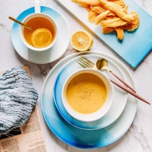 Nordic Gradient Blue Color Ceramic Plate Bowl Cup Set Fruit Dish Dessert Plate Creative Tray Flat Tableware Set For Food Dishes