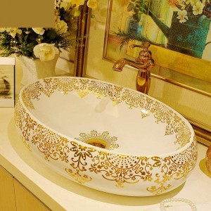 Oval Europe Style Porcelain Handmade Art Lavatory Bathroom Sink Wash Basin porcelain sink decorative sinks gold pattern