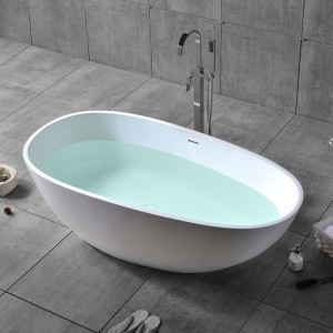 Oval Freestanding Soaking Bathtub Stone Resin with Center Drain & Overflow in Matte/Glossy White