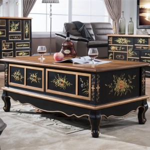 Qasse Chinoiserie 48" Rectangle Coffee Table with Two Drawers Black Lacquer Flower Pattern Table