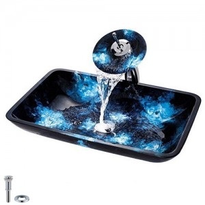 Rectangular Glass Bathroom Vessel Sink in Blue with Waterfall Faucet Set in Chrome