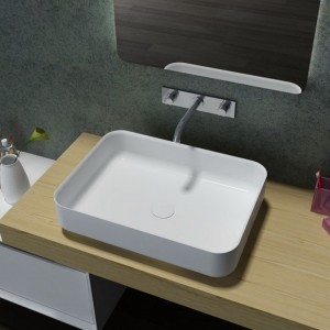 Rectangular Resin Stone Glossy or Matte White Solid Surface Bathroom Vessel Sink with Matching Pop-Up Drain