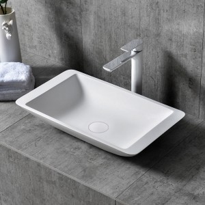Rectangular Shaped Resin Stone Glossy or Matte White Vessel Sink for Bathroom with Pop-Up Drain