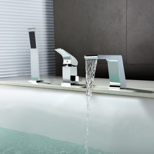 Rosa Modern Chrome Deck Mounted Waterfall Roman Tub Filler Faucet & Hand Shower Solid Brass