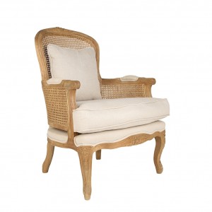 Rustic French Linen Upholstered Oak Armchair Natural Color Rattan Accent Chair