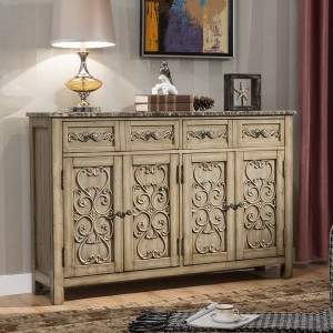 Rustic Marble Top Sideboard Cabinet Birch Carved Sideboard Buffet with 4 Doors & 2 Drawers in Oak
