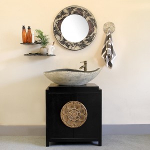 Rustic Oriental 28" Black Single Vessel Sink Vanity Carved Bathroom Vanity Combo Solid Wood & Resin