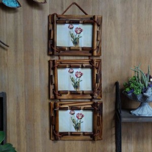Rustic Wall Hanging 4" x 6" Collage Picture Frame Wooden Bamboo 3-Frame Set On Hanging Rope